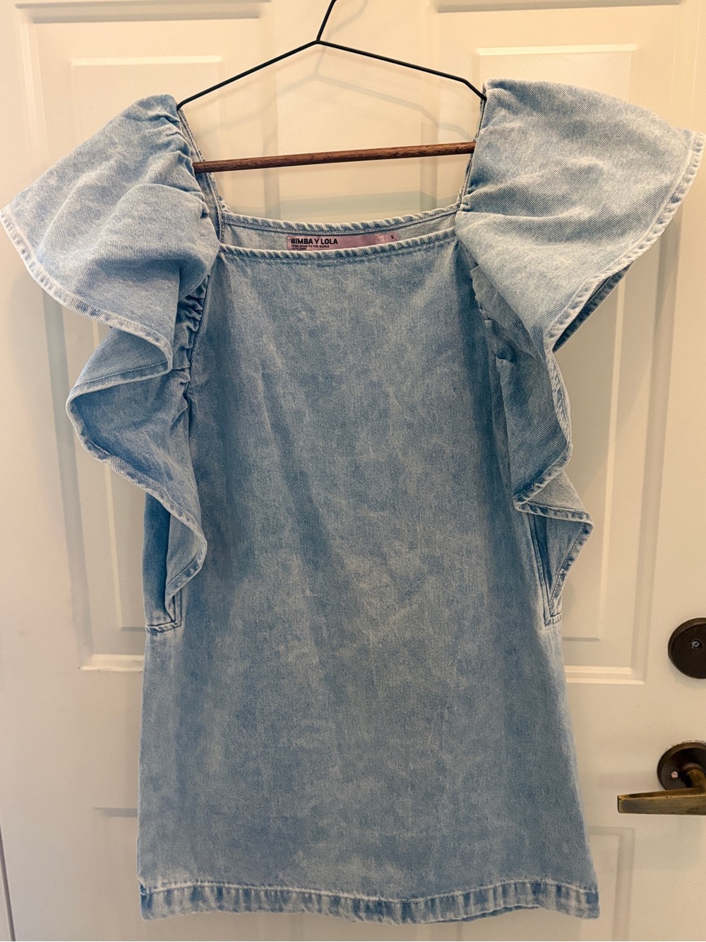 Bimba y Lola Ruffle Sleeve Denim Square Neck Mini Dress Size S Light Wash Blue